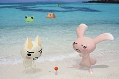 two cartoon characters are playing in the sand at the beach while others swim in the water behind them