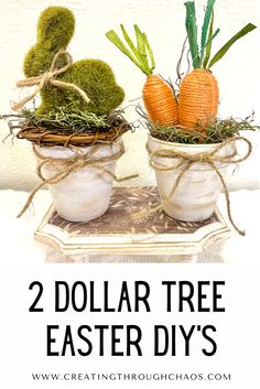 two vases with carrots and grass in them on top of a tray that says 2 dollar tree easter diys