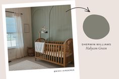 a baby crib in front of a window with the words sherylin williams's bedroom green