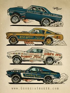 four cars are depicted in this vintage poster