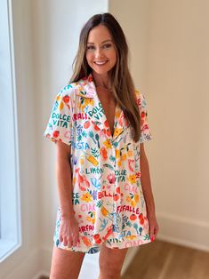 If you love our "Sunday Morning PJS," you need these. They are so soft and comfortable. This fun "Italian picnic" print is so fun that you just might want to wear these out. The top is short sleeve, button down front with a collar. The shorts have an elastic waistband. These pjs are sold as a set. 95% polyester 5% spandex Model is wearing a size extra small. Preppy Pjs, Italian Picnic, Picnic Print, Summer Pjs, Pyjama Trend, Pj Shorts, Night Suit, 2024 Trends, Pants And Leggings