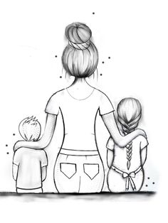 a drawing of a woman and two children with their arms around each other's shoulders