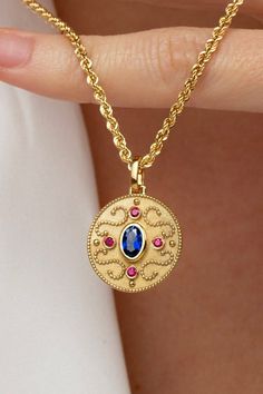 Yellow Gold Byzantine Pendant Jewelry, Sapphire Medieval Jewelry, Luxury Byzantine Pendant Necklace, Medieval Collectible Pendant Jewelry, Luxury Sapphire Pendant Gemstone, Byzantine Necklace, Sapphire Necklace Pendants, Faberge Jewelry, Ruby Pendant