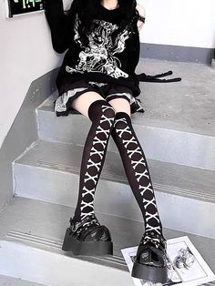 𝔇𝔢𝔱𝔞𝔦𝔩𝔰: Style: Darkwear, Kawaii Goth, Kawaii Material: Spandex Quantity: 1 pair Highlights: Features the cute bow-tie & bone pattern Easy to style with platform shoes and adds warmth to your body Enjoy free shipping with a purchase of over 80$ Bone Pattern, Goth Kawaii, White Knit Dress, Cute Stockings, Kawaii Goth, John Doe, Black Goth, Stocking Tights, Soft Cardigan