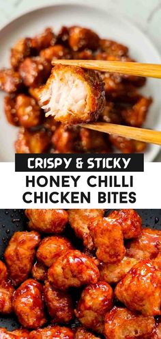 Close up of crispy chicken bites with glaze Sweet Chili Chicken Bites, Chili Fried Chicken, Hot Honey Chicken Bites, Fried Chicken Bites, Crispy Chicken Bites, Diner Ideas, Dinner Ides, Spicy Chicken Bites, Chilli Chicken Recipe