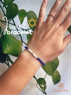 A beaded bracelet that reminds to pray for the peace of Israel. Inspired by the Israeli flag, this thin, minimal bracelet is made with blue and white glass beads. Handmade in Texas. Biblical Holidays, Minimal Bracelet, Biblical Art, Beads Handmade, Elastic Bracelet, The Peace, Star Of David, Silver Stars, Bracelet Sizes