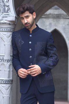 Blue full sleeves bandhgala with Shamiyana bahar embroidery. Paired with a trouser. - Aza Fashions Trouser For Men, Trouser Pattern, Full Sleeves, Mandarin Collar, Aza Fashion, Full Sleeve, Types Of Sleeves, Custom Made, Trousers