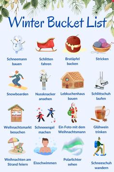 Ideen für eine Winter Bucket List Cute Bucket List, Bucket List Deutsch, Winter To Do List, German Worksheets, Winter List, After School Routine, Winter Bucket List, Service Learning, Free Things To Do