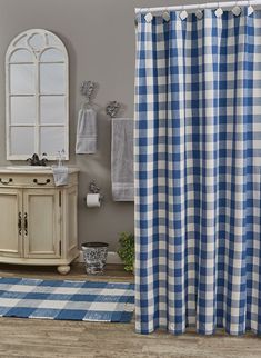 Wicklow Blue Check Shower Curtain-Lange General Store Buffalo Check Shower Curtain, Blue Shower Curtain, Blue Drapes, Blue Shower Curtains, Fox Decor, Blue Buffalo, Country Bathroom, Beautiful China, Park Designs