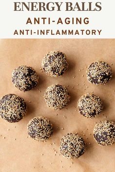 chocolate energy balls with sprinkles on top and text overlay that reads, energy balls anti - aging anti - flamatory