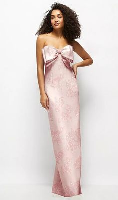 Strapless Floral Satin Column Maxi Bridesmaid Dress With Oversized Bow In Bow And Blossom Print | The Dessy Group Dessy Group Bridesmaid Dresses, Garden Party Bridesmaid Dress, Print Bridesmaid Dresses, Green And Pink Dress, Pale Pink Bridesmaid Dresses, Dessy Bridesmaid Dresses, Light Pink Bridesmaid Dresses, Patterned Bridesmaid Dresses, Fun Dresses