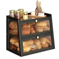 an assortment of breads and pastries are displayed in a display case on a white background