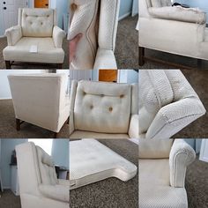 four pictures of different types of chairs and footstools in various stages of upholstering