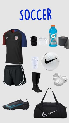 the soccer uniform is displayed with shoes, water bottle and other sports items in it