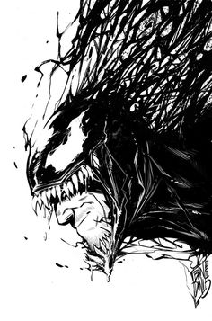 a black and white drawing of a monster with sharp teeth