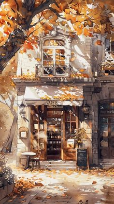 a painting of a coffee shop in the fall