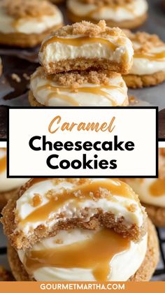 caramel cheesecake cookies with white frosting on top