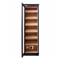 The Single Door Cigar Cabinet Humidor is a high-quality humidor that comes in 2 colors, Black and Dark Mahogany to complement interiors of various types. The model EB-559 has a sleek design with 22” W, 18” D, and 72” H making it an ideal fit for corners and closed spaces. One of its unique aspects includes a button-controlled fan for circulating the cabinet. This EB-559 Humidor also comes with an inbuilt LED light system to keep the interior illuminated, working as a lamp. All the shelves instal Cabinet Humidor, Bourbon Room, Light System, Dark Mahogany, Humidor, Single Doors, Cigars, Bourbon, 2 Colours