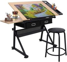 a drawing table with two stools next to it