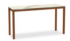 a table with a marble top and wooden legs