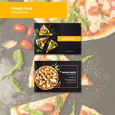 two business cards with pizza slices and vegetables on the front one is for mood food