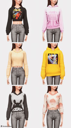 four different colored sweaters are shown in the same color as each outfit, and one is