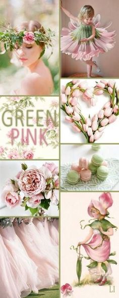 a collage of photos with pink flowers and green leaves in the center, on top of