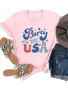 Get ready to party in style this 4th of July with our Party in the USA Patriotic T-shirt! Featuring a bold retro font in classic red and blue, this shirt is the perfect way to show your love for America while having a good time. Made from high-quality Bella + Canvas cotton blend fabric, this shirt is both comfortable and durable. Available in six different colors, you can choose the perfect shade to suit your personal style. And with sizes ranging from XS to XXXL, this shirt is sure to fit every Trendy Red T-shirt For Party, Usa Shirt Ideas, Blue T-shirt With Text Print For 4th Of July, Blue Text Print T-shirt For 4th Of July, Trendy Graphic Print T-shirt For 4th Of July, Fun 4th Of July Crew Neck T-shirt, Fun Crew Neck T-shirt For 4th Of July, Summer Party Shirt With Funny Print, Party T-shirt With Letter Print In Relaxed Fit