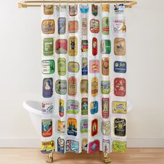 a shower curtain with many different types of beer labels on it, all in various colors and sizes