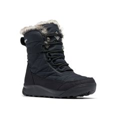 Columbia-Minx Shorty IV Snow Boot - Women's Upgrade your winter wardrobe with the Columbia Minx Shorty IV snow boot. Featuring 200g insulation, faux fur lining, and Omni-HEAT reflective lining, this winter boot provides toasty warmth. Lightweight Techlite midsole offers excellent cushioning support while Adapt Trax outsole lends dependable traction on wet or dry surfaces. Click here for Boot Measuring Guide. Outdoor Insulated Gore-tex Boots, Insulated Gore-tex Combat Boots With Round Toe, Insulated Gore-tex Waterproof Boots For Camping, Black Impact-resistant Winter Boots, Black Insulated Gore-tex Waterproof Boots, Cozy Slippers Boots, Vans Style, Outdoor Boots, Slouched Boots