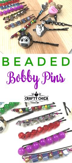 beaded bobby pins with text overlay reading beaded bobby pins crafty chica