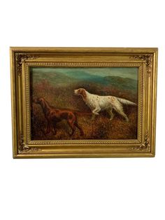 a painting of two dogs in a field