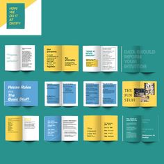 the brochure has been designed to look like an open book with yellow and blue pages