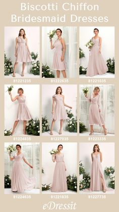 the bridesmaid dresses are all in different styles and colors, including pinks