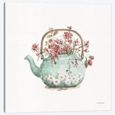 a painting of a teapot with flowers in it