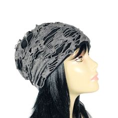 "Grunge Slouchy Beanie Grunge Beanie Gray and Black Grunge Hat Unisex Beanie Goth Slouchy Hat Monster Shreds Beanie Men's Grunge Beanie Grey Grey and black \"shredded\" fabric on one side...fully-lined for maximum comfort on the other. Truly unique unisex grunge slouchy beanie. No raw edges or exposed seams Measure around the head where you want the brim of the hat to fit. Hat will stretch to that circumference. The average woman's head size is 22\" circumference. The average man's head size is Black Distressed Hat One Size, Gray Distressed Hat, One Size Fits Most, Black Distressed Hat One Size Fits Most, Adjustable Gray Distressed Hat, Adjustable Distressed Gray Hat, Black Crochet Hat For Festivals, Black Crochet Hat For Festival, Black Crochet Hat For Festivals (one Size Fits Most), Black Crochet Festival Hat One Size