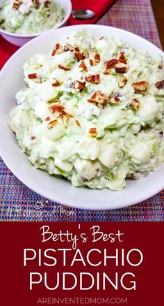 a bowl full of potato salad with bacon on top and the words betty's best pistachio pudding above it