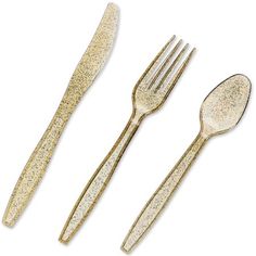 three pieces of gold glittered utensils, one fork and two spoons