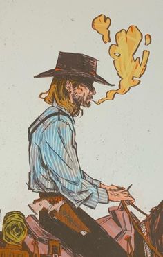 a drawing of a man riding on the back of a horse wearing a cowboy hat