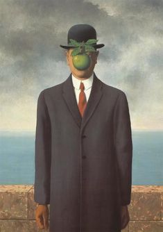 a painting of a man with an apple in his eyeglasses, standing next to the ocean