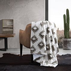 a blanket sitting on top of a chair next to a cactus