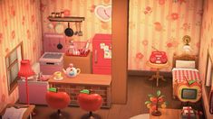 a doll house is shown with furniture and accessories in the living room, including an apple - themed kitchen