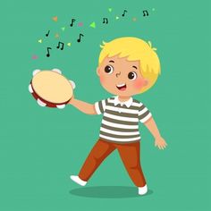 a little boy holding a drum with music notes coming out of it