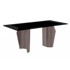 a black table with two silver legs and a glass top on an isolated white background