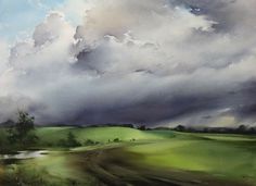 an oil painting of clouds over a green field