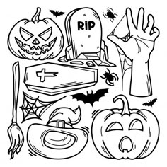 halloween coloring pages with pumpkins, bats and tombstones for kids to color in