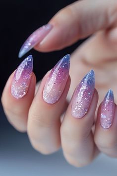 Glitter Nail Art Ideas, Acrylic Nails Ideas Glitter, Rock Nails Designs, Almond Glitter Nails, Girly Nail Designs, Nail Ideas Ombre, Cute Nails Blue, Cute Girly Nails, Nails With Glitter Design