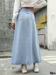 Bjux - Classic Blue High Waist Washed Denim Midi Skirt for Women - Single Breasted Button Detail, Stylish Denim Fashion Denim Jean Skirt Outfits, Stylish Denim Skirt, Sketches Design, Leather Jacket Dress, Modest Fashion Hijab, Muslim Fashion Hijab Outfits, Denim Clothing, Muslim Fashion Hijab, Shein Outfits