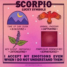 an advertisement for scorpio lucky symbols on a pink background with the words, accept my emotions even when i do not understand them