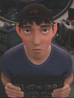 an animated man holding a sign in front of his face and looking at the camera